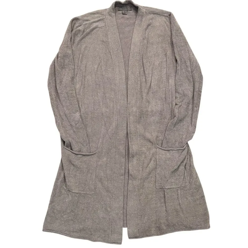 Barefoot Dreams Open Front Cardigan Back Drawstring CozyChic Taupe Brown Small
